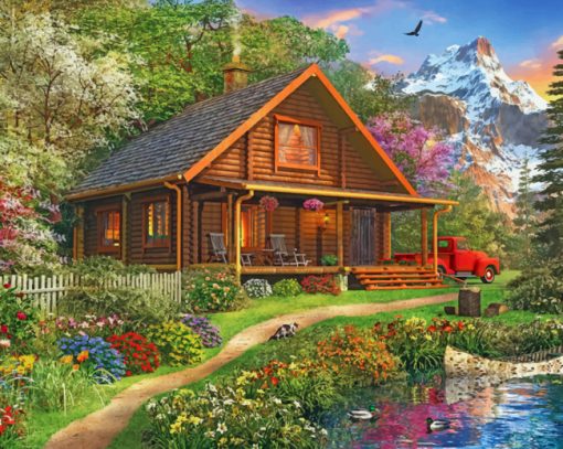 Log Cabin In Forest paint by numbers