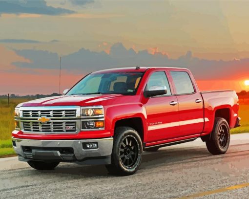 Red Chevy Pickup At Sunset Paint By Numbers