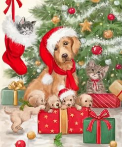 Christmas Golden Retriever And Puppies Paint By Numbers