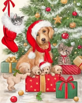 Christmas Golden Retriever And Puppies Paint By Numbers