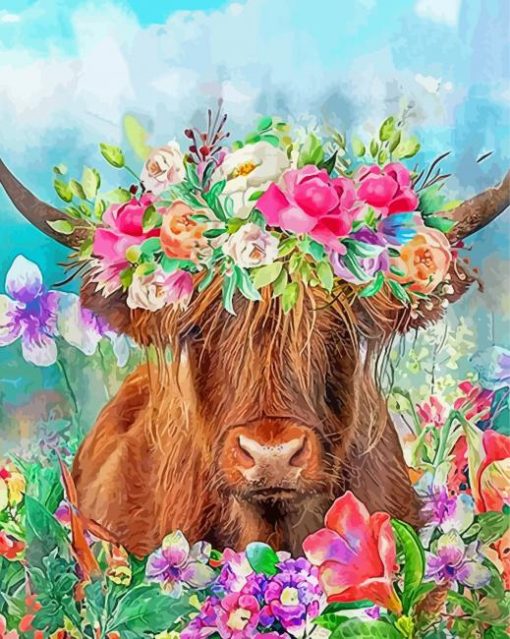 Highland Cow Wearing Flower Crown Paint By Numbers