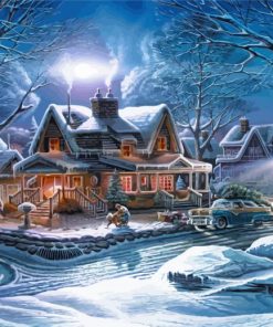 Houses In Frozen Forest Paint By Numbers