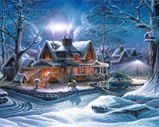 Houses In Frozen Forest Paint By Numbers