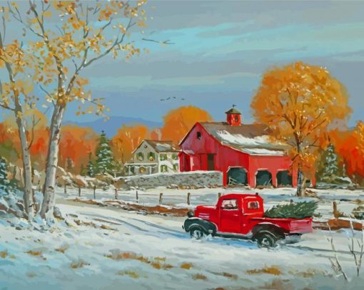 Little Red Truck In Snow Paint By Numbers