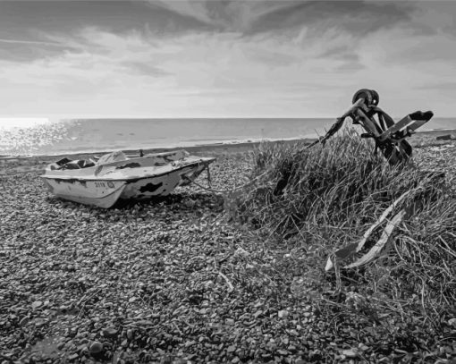 Black And White Old Boat At Kessingland Beach Paint By Numbers