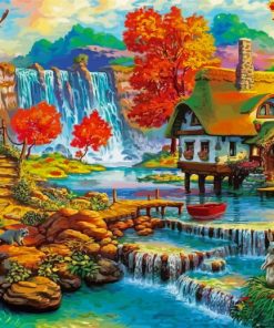 Countryside Waterfall House Paint By Numbers