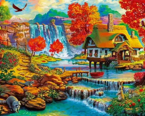 Countryside Waterfall House Paint By Numbers