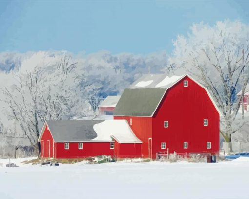 Red Barn In Winter Paint By Numbers