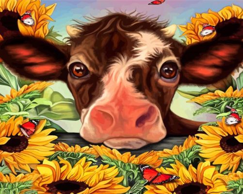 Sunflower Cow With Butterflies Paint By Numbers