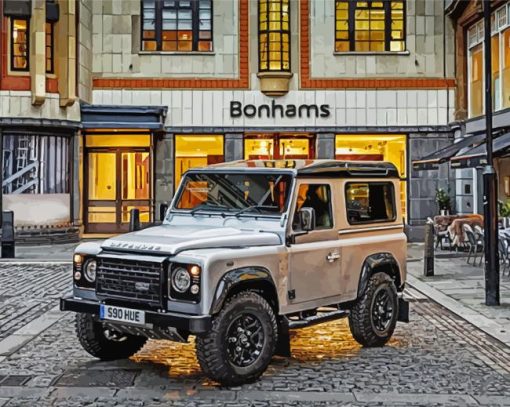 White Land Rover Defender In City Streets Paint By Numbers