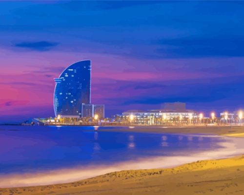 Beautiful Sky Colors Reflection At Barcelona Beach Paint By Numbers