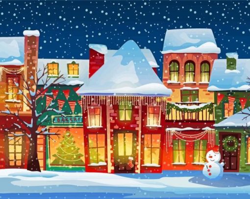 Cartoon Village Christmas Snow Paint By Numbers