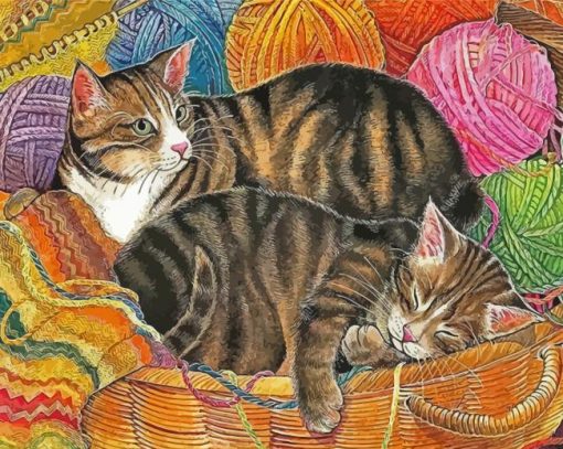 Cat And kitten With Yarn Basket Paint By Numbers