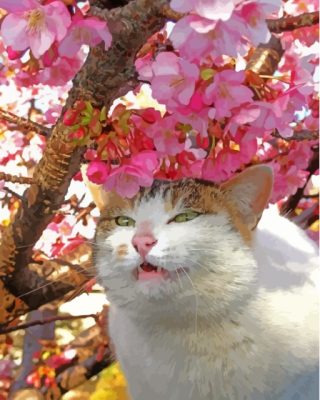 Cute Cat In Cherry Tree Paint By Numbers