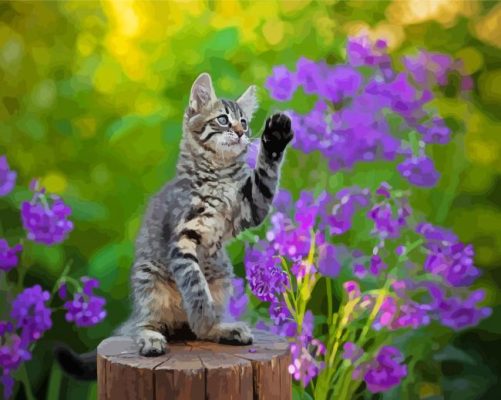 Kitten With Purple Flowers Paint By Numbers