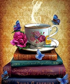 Vintage Books With Tea Cup And Butterflies Paint By Numbers