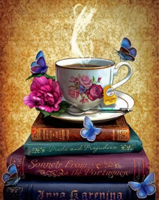 Vintage Books With Tea Cup And Butterflies Paint By Numbers