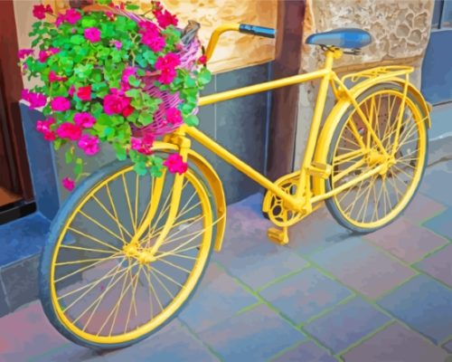 Yellow Bike And Pink Flowers Paint By Numbers