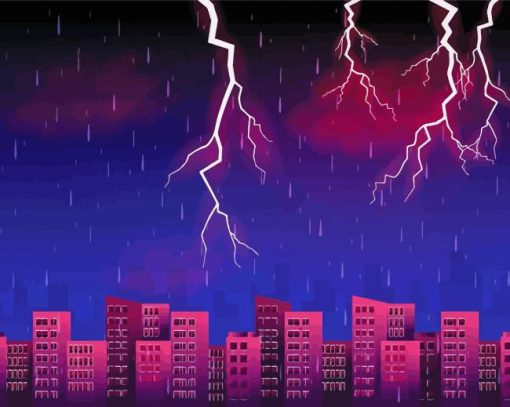 Thunder Storm Lightning Rainy City At Night Paint By Numbers