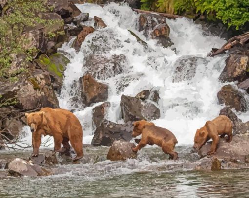 Alaska Grizzly Bears In Waterfall Paint By Numbers