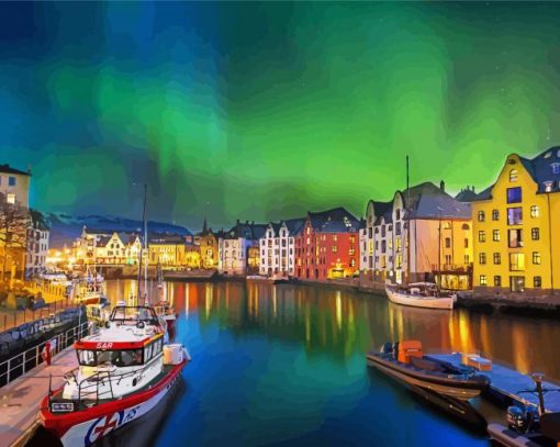 Alesund With Aurora View Paint By Numbers