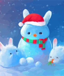 Christmas Bunnies With Snowman Paint By Numbers