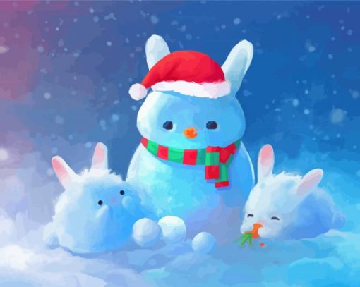 Christmas Bunnies With Snowman Paint By Numbers