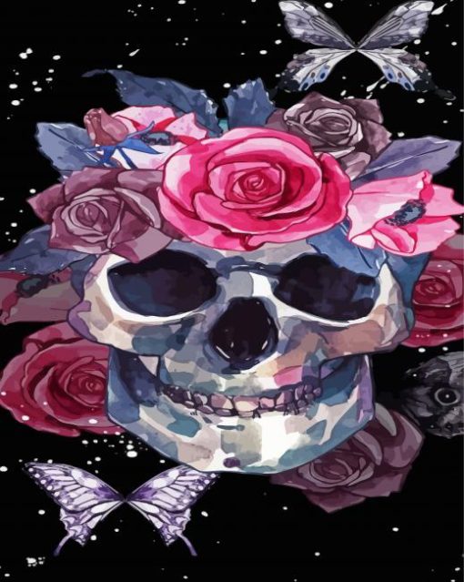 Skulls And Pink Roses Paint By Numbers