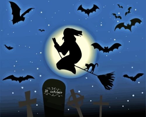 Witch Silhouette And Bats Paint By Numbers