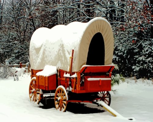 Red Old Wagon In The Snow Paint By Numbers