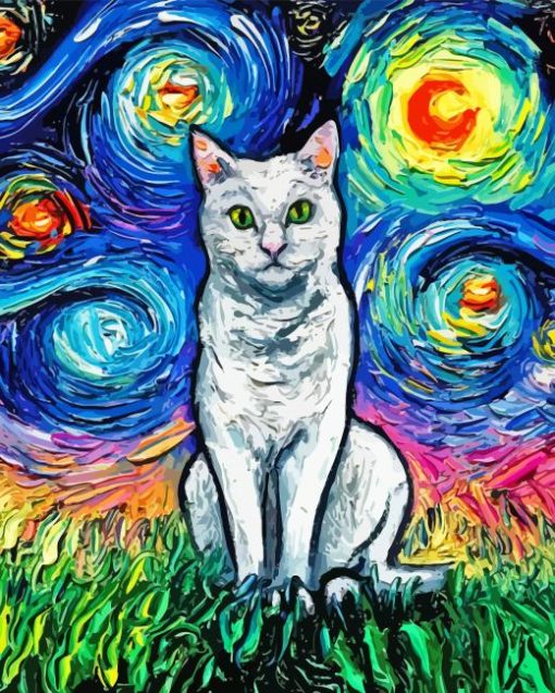 White Cat Starry Night Paint By Numbers