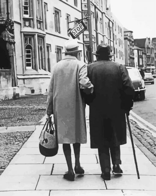 Black And White Old Couple Walking In The City Paint By Numbers