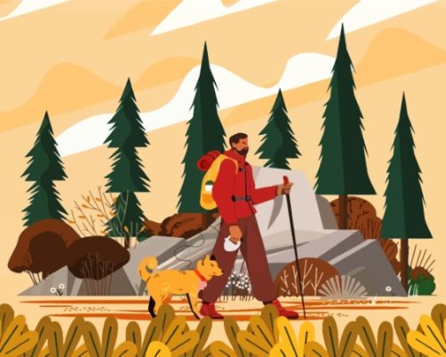 Illustration Man Hiking With Dog In Fall Paint By Numbers