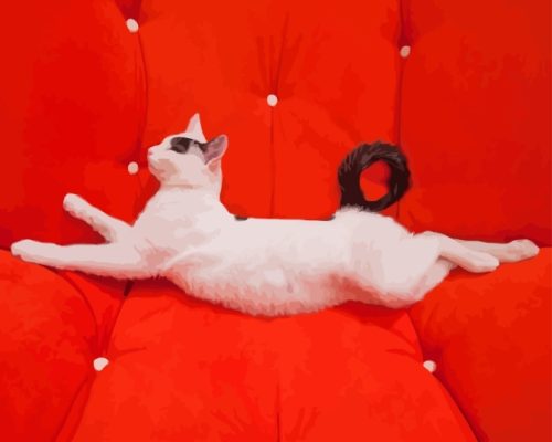 White Cat With Black Tail Lying On Sofa Paint By Numbers