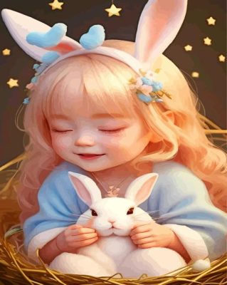 Baby Girl And White Bunny Paint By Numbers