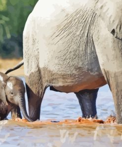 Mom And Baby Elephant In Water Paint By Numbers