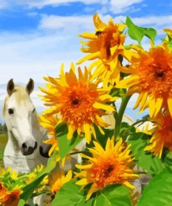 White Horses In Sunflowers Paint By Numbers